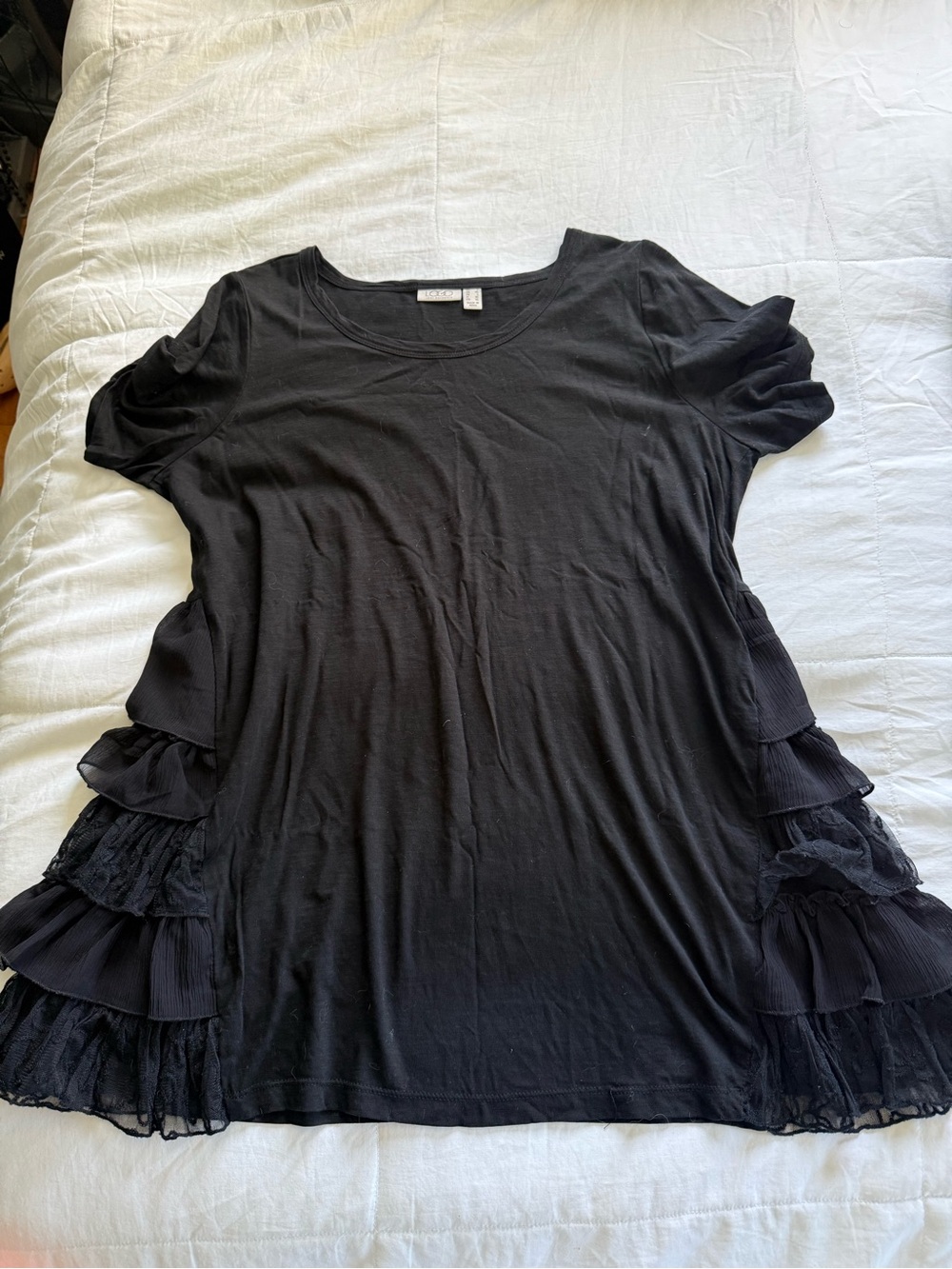 LOGO by Lori Goldstein Black Short-Sleeve Tee with Ruffled Side Tiers